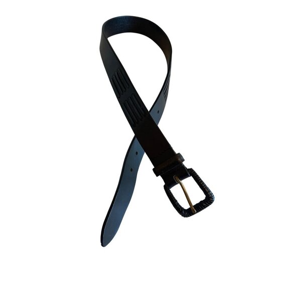 Liz Claiborne Black Leather Belt With Textured Buckle & Embossed Design - Picture 1 of 7